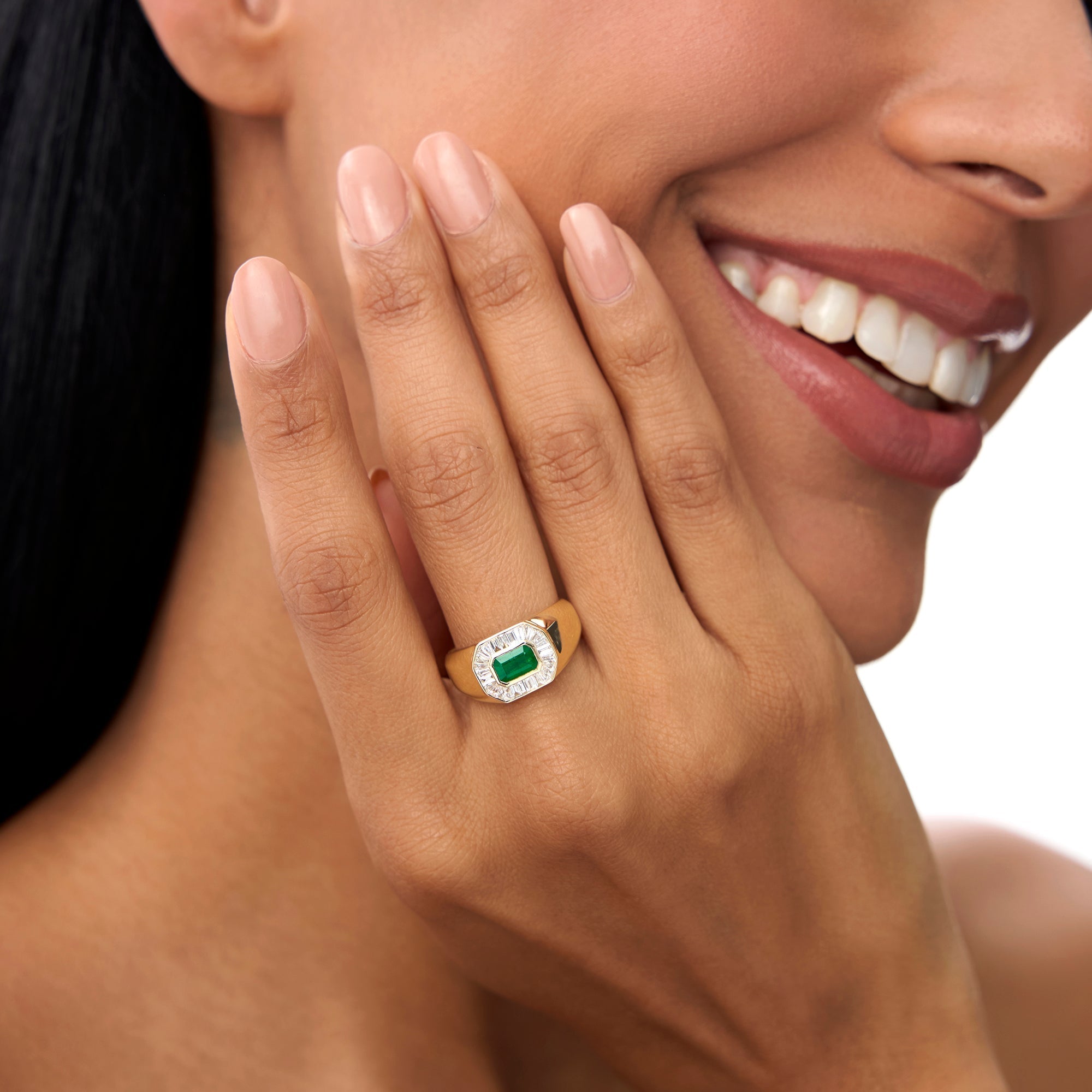 14k Octagon Shape Baguette Diamond Emerald Ring - GeumJewels