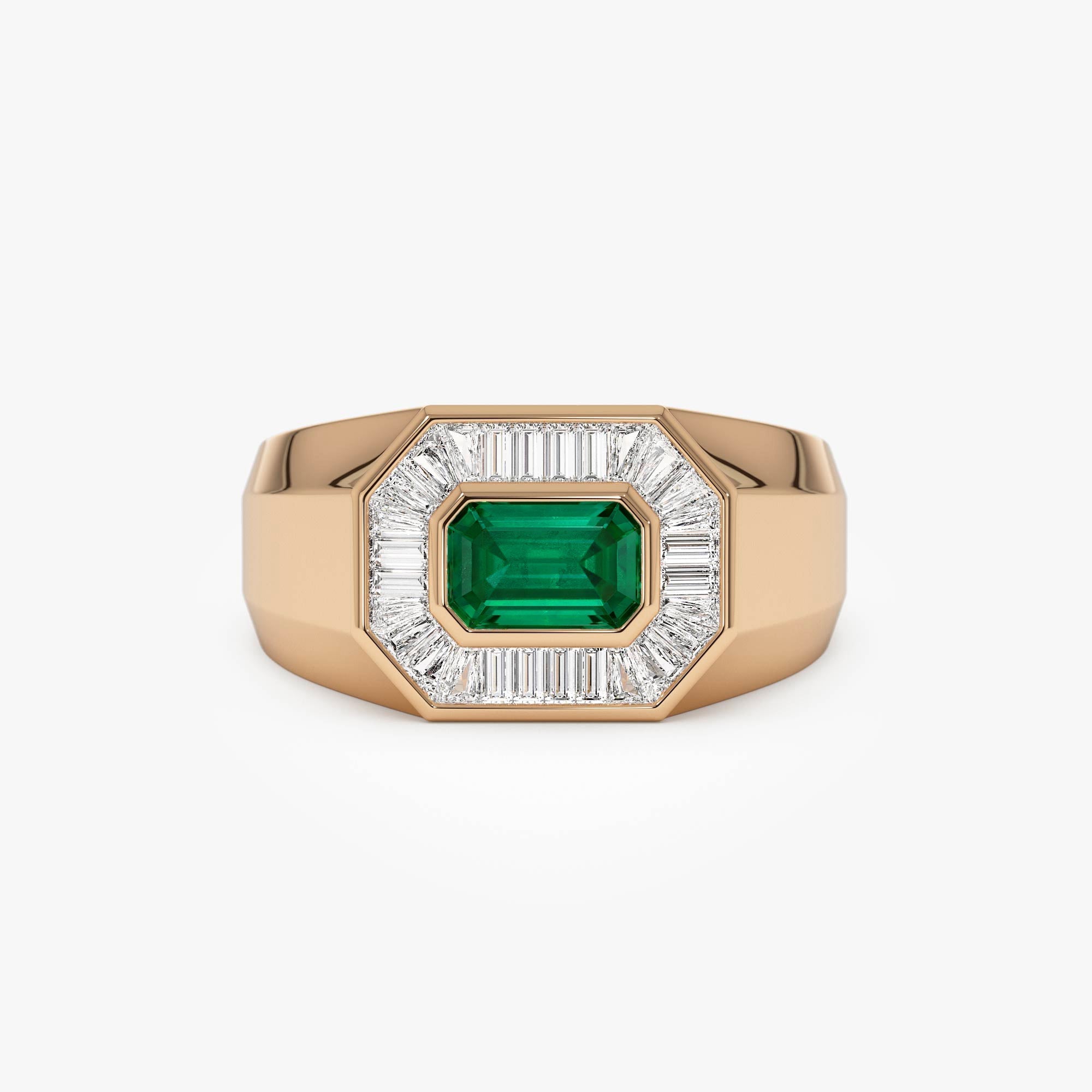 14k Octagon Shape Baguette Diamond Emerald Ring - GeumJewels