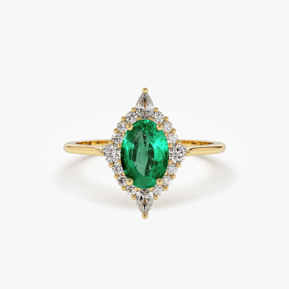 14k Oval Emerald and Diamond Bellarina Ring - GeumJewels