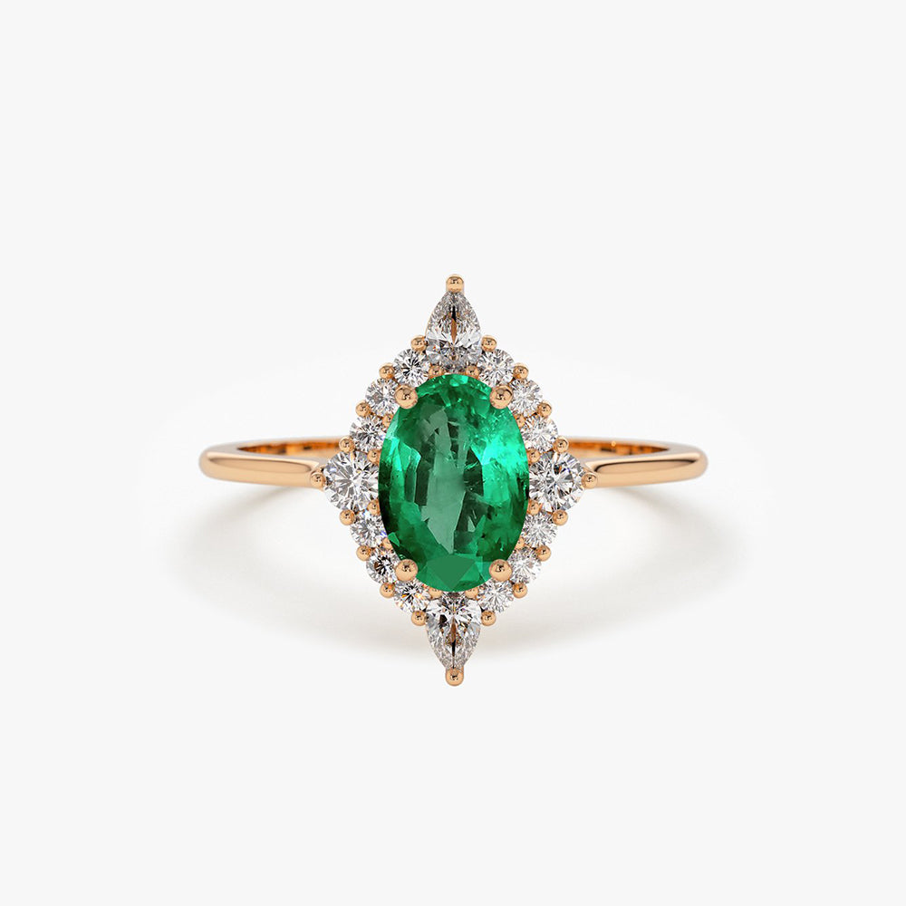 14k Oval Emerald and Diamond Bellarina Ring - GeumJewels
