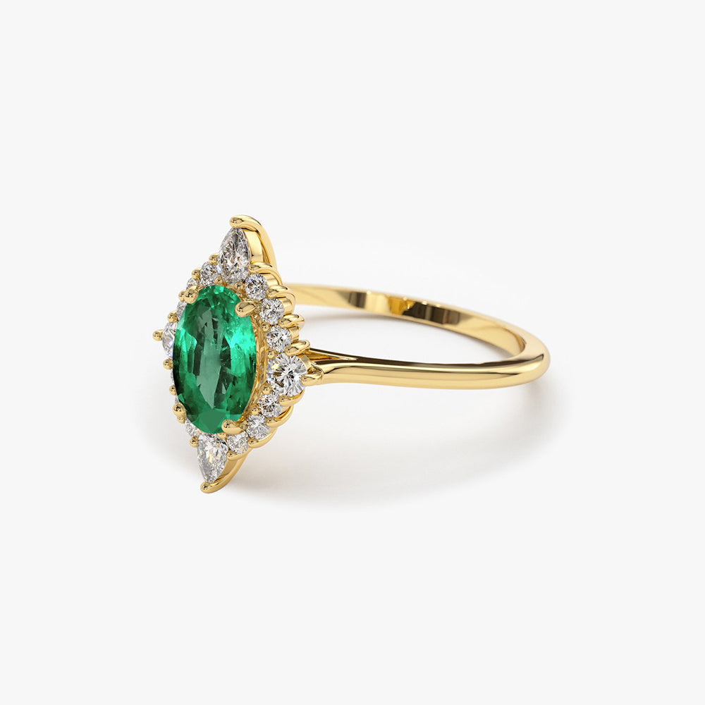 14k Oval Emerald and Diamond Bellarina Ring - GeumJewels