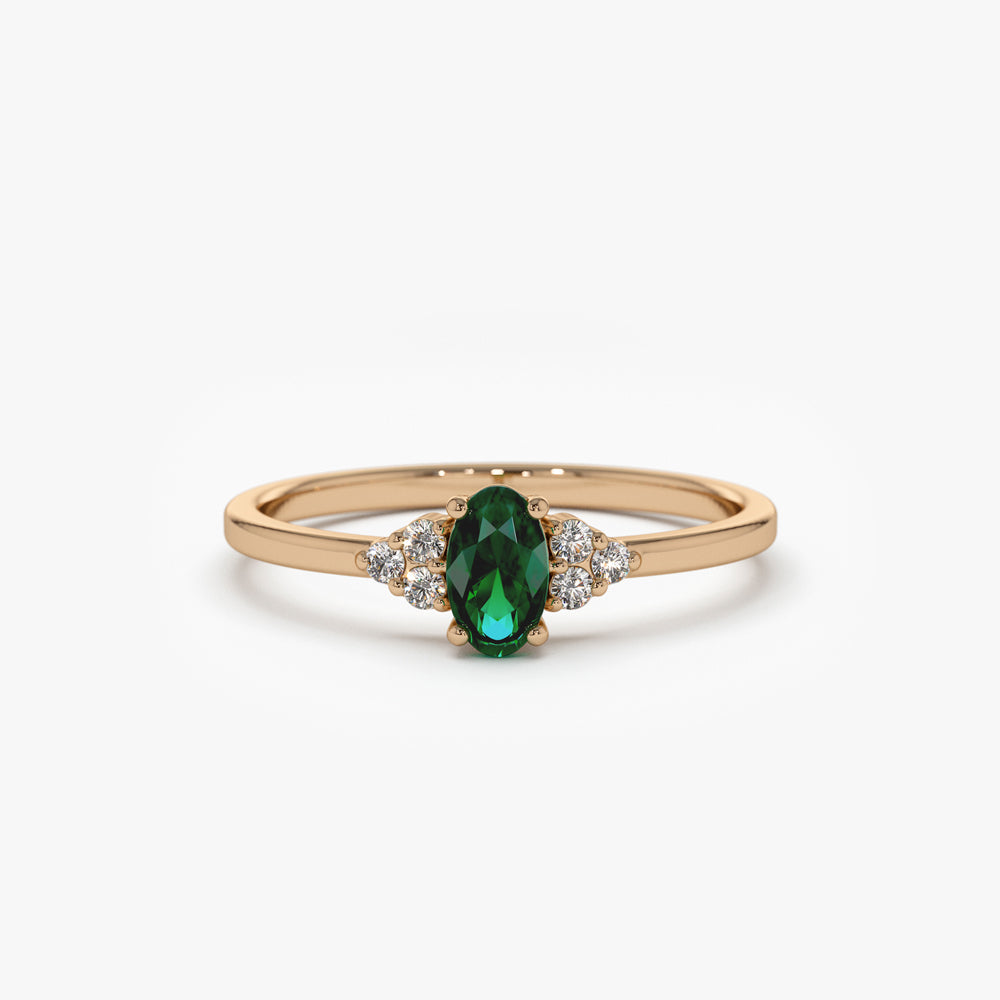 14K Oval Emerald and Diamond Ring - GeumJewels
