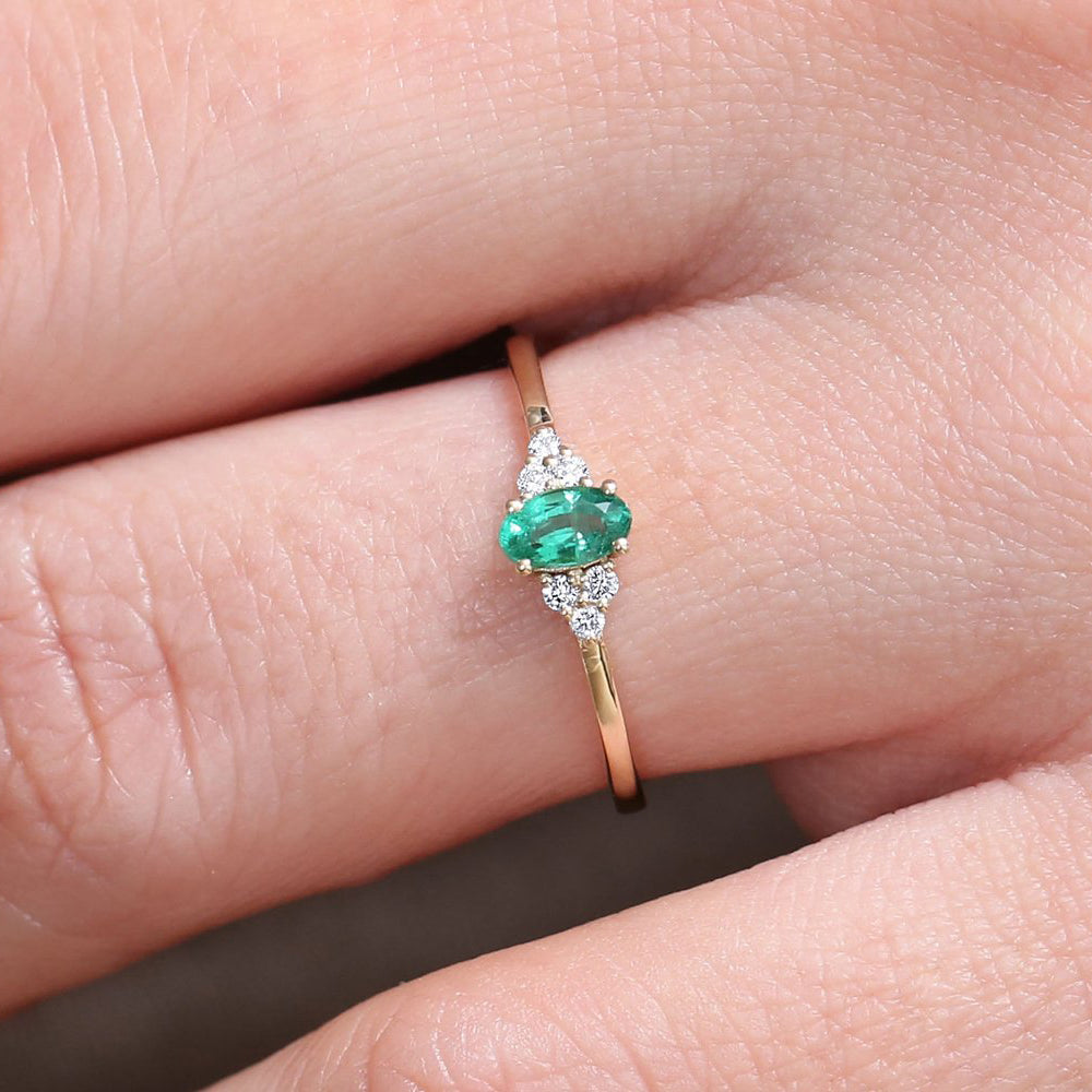 14K Oval Emerald and Diamond Ring - GeumJewels