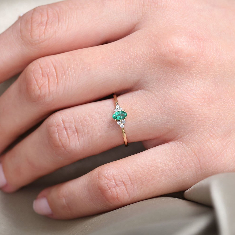 14K Oval Emerald and Diamond Ring - GeumJewels