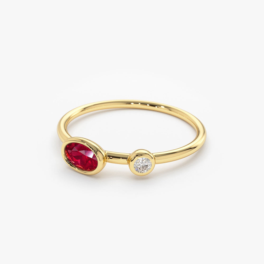 14k Oval Shape Bezel Setting Ruby and Diamond Ring - GeumJewels