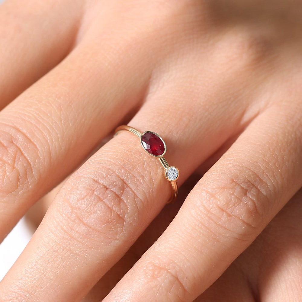 14k Oval Shape Bezel Setting Ruby and Diamond Ring - GeumJewels