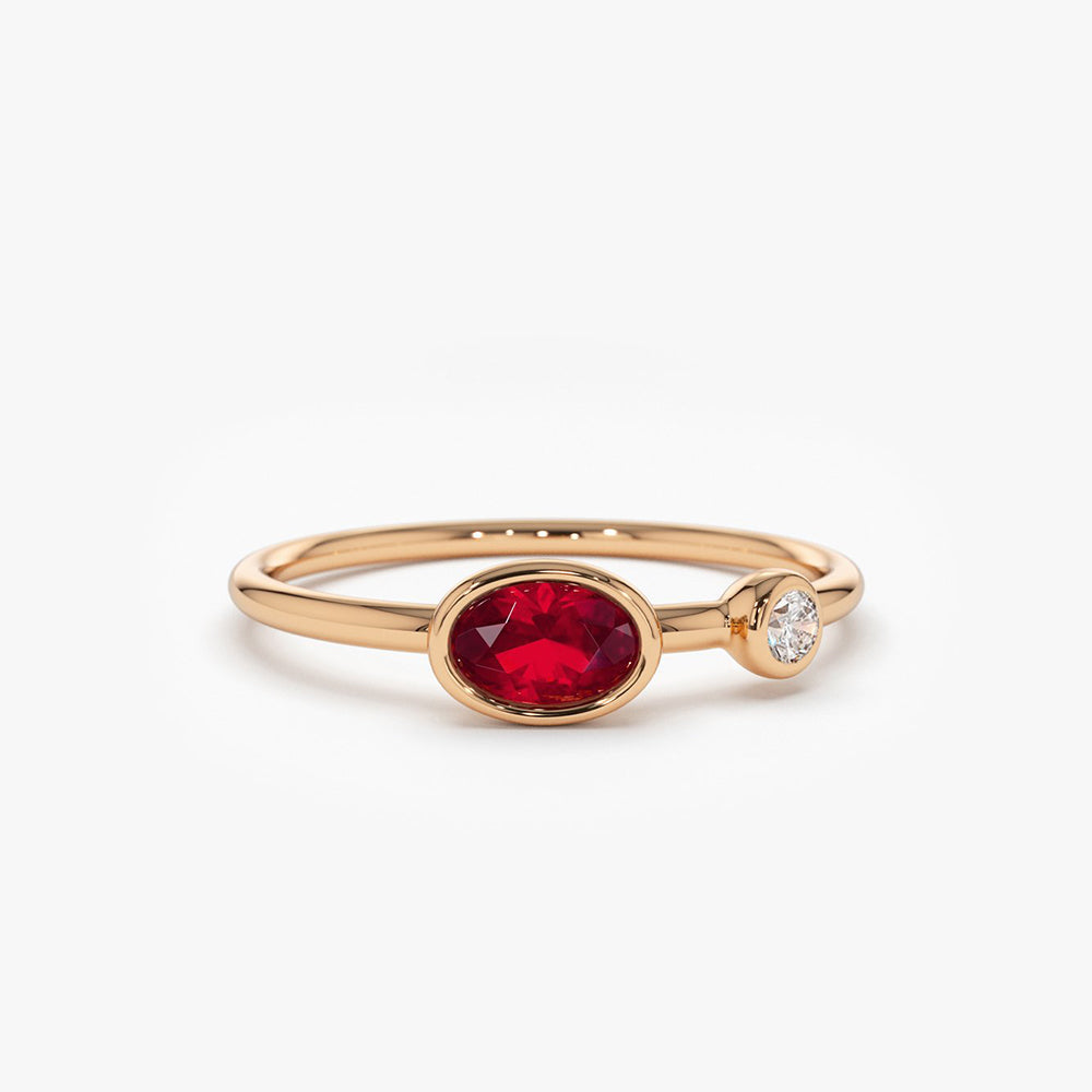 14k Oval Shape Bezel Setting Ruby and Diamond Ring - GeumJewels