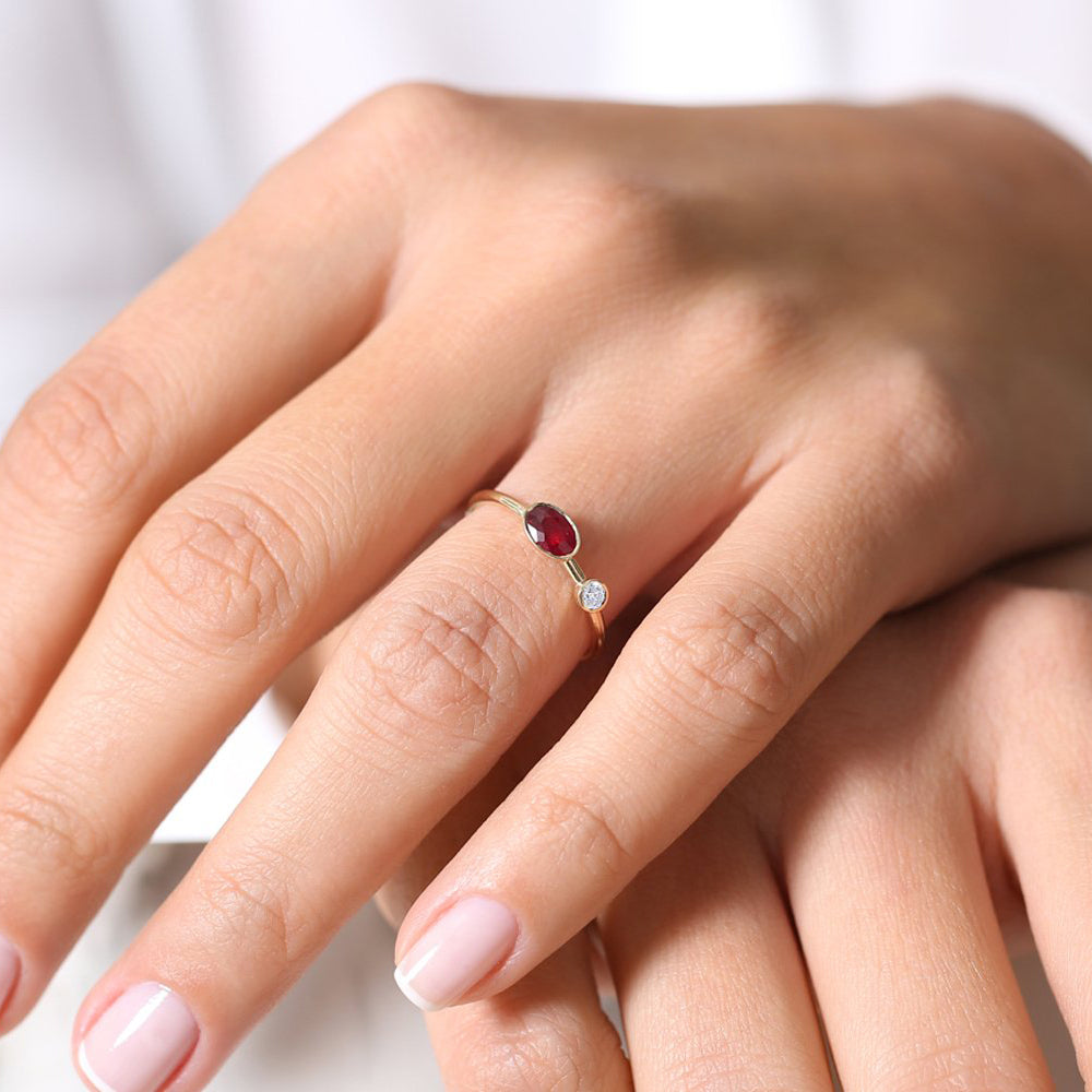 14k Oval Shape Bezel Setting Ruby and Diamond Ring - GeumJewels