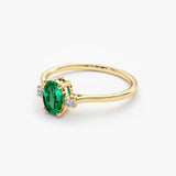 14k Oval Shape Emerald and Diamond 3 Stone Ring - GeumJewels