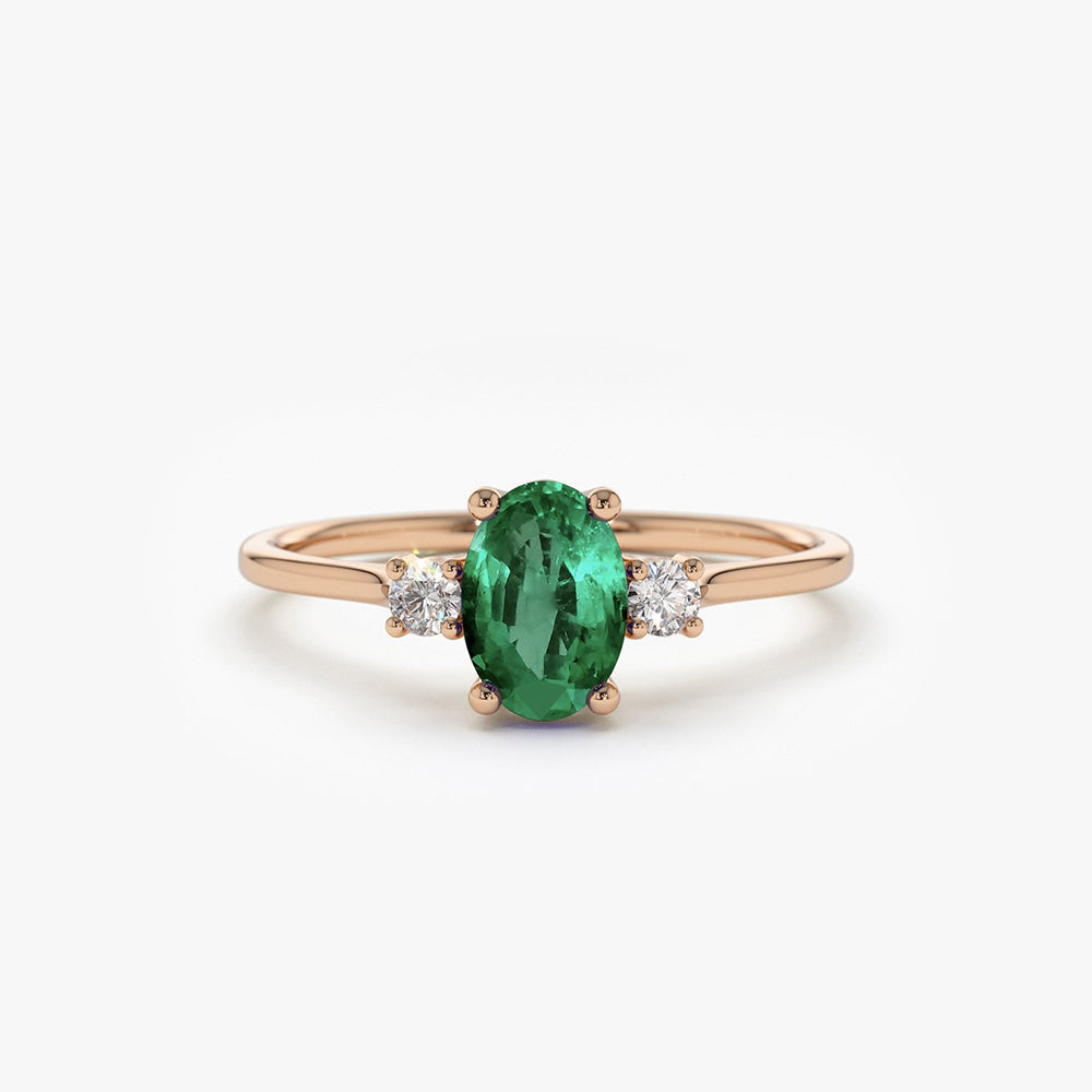 14k Oval Shape Emerald and Diamond 3 Stone Ring - GeumJewels