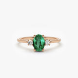 14k Oval Shape Emerald and Diamond 3 Stone Ring - GeumJewels