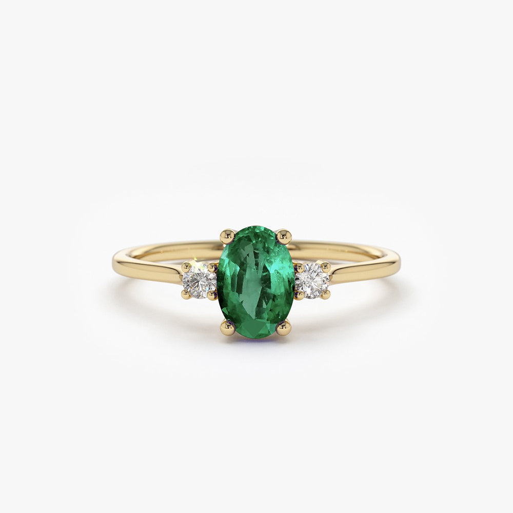 14k Oval Shape Emerald and Diamond 3 Stone Ring - GeumJewels