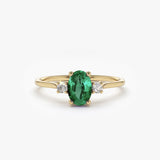 14k Oval Shape Emerald and Diamond 3 Stone Ring - GeumJewels