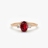 14k Oval Shape Ruby and Diamond 3 Stone Ring - GeumJewels