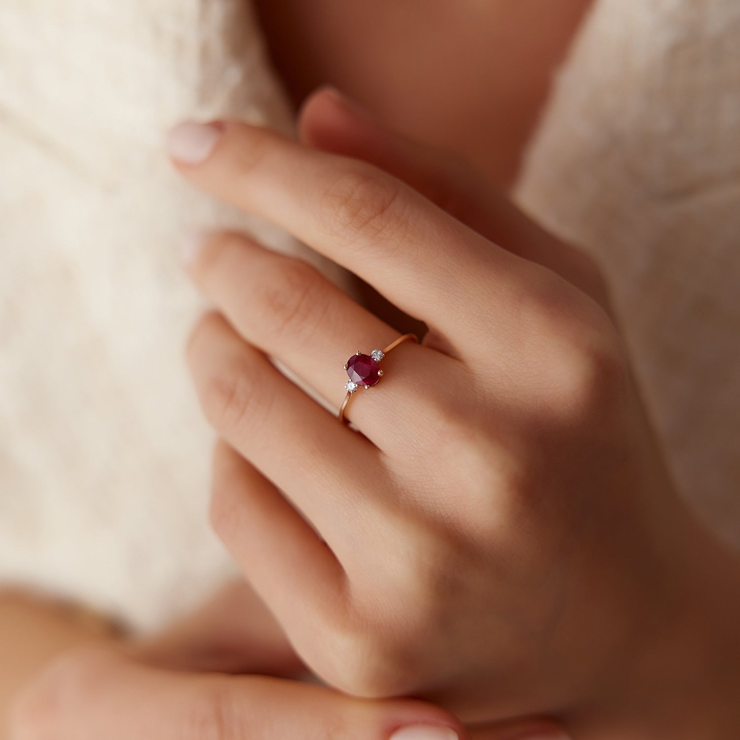 14k Oval Shape Ruby and Diamond 3 Stone Ring - GeumJewels