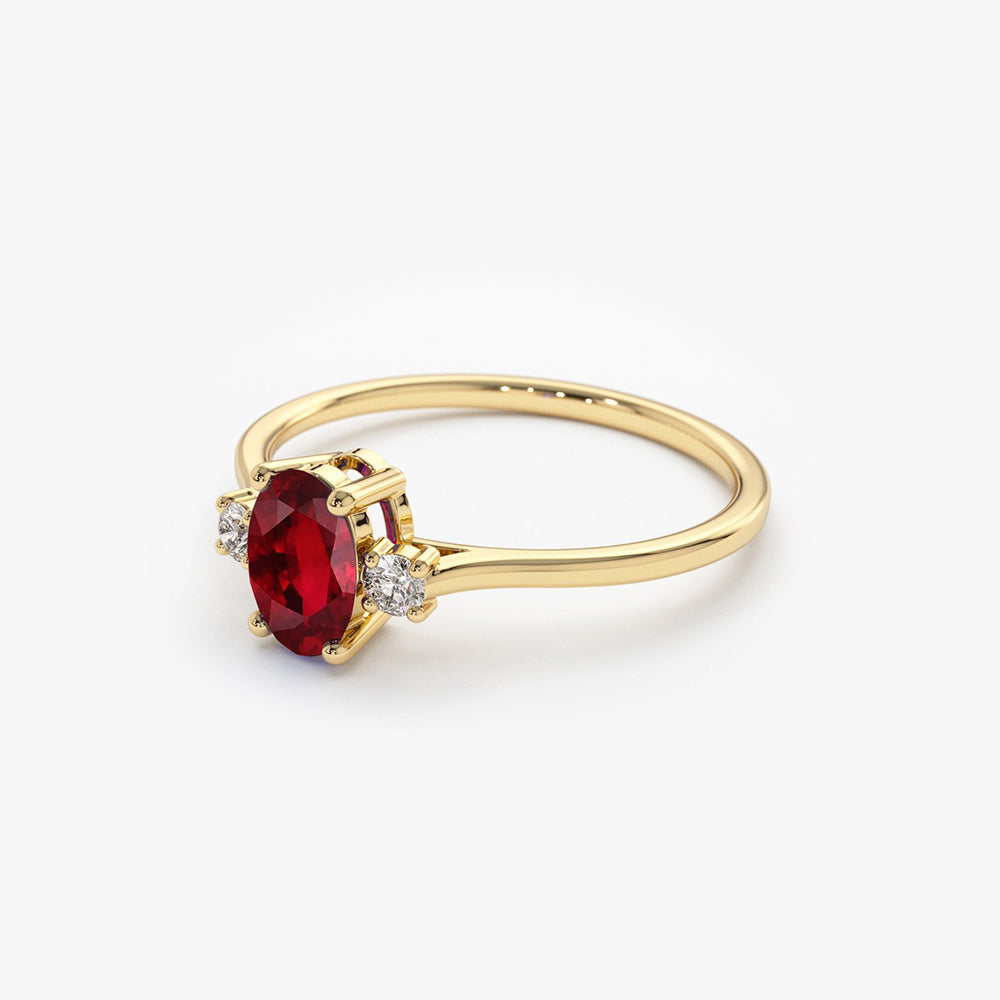 14k Oval Shape Ruby and Diamond 3 Stone Ring - GeumJewels