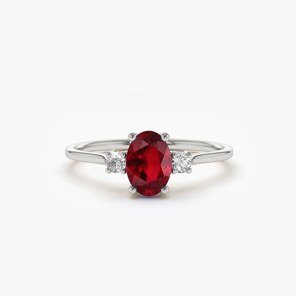 14k Oval Shape Ruby and Diamond 3 Stone Ring - GeumJewels