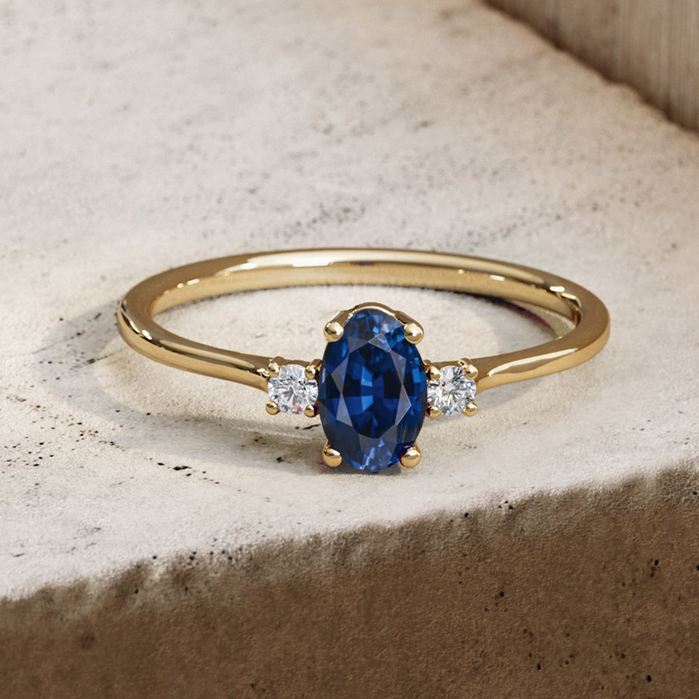 14k Oval Shape Sapphire and Diamond 3 Stone Ring - GeumJewels