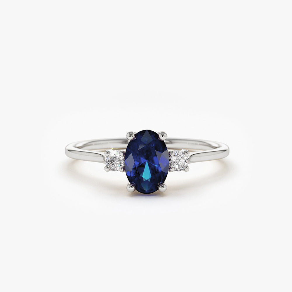 14k Oval Shape Sapphire and Diamond 3 Stone Ring - GeumJewels