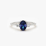 14k Oval Shape Sapphire and Diamond 3 Stone Ring - GeumJewels