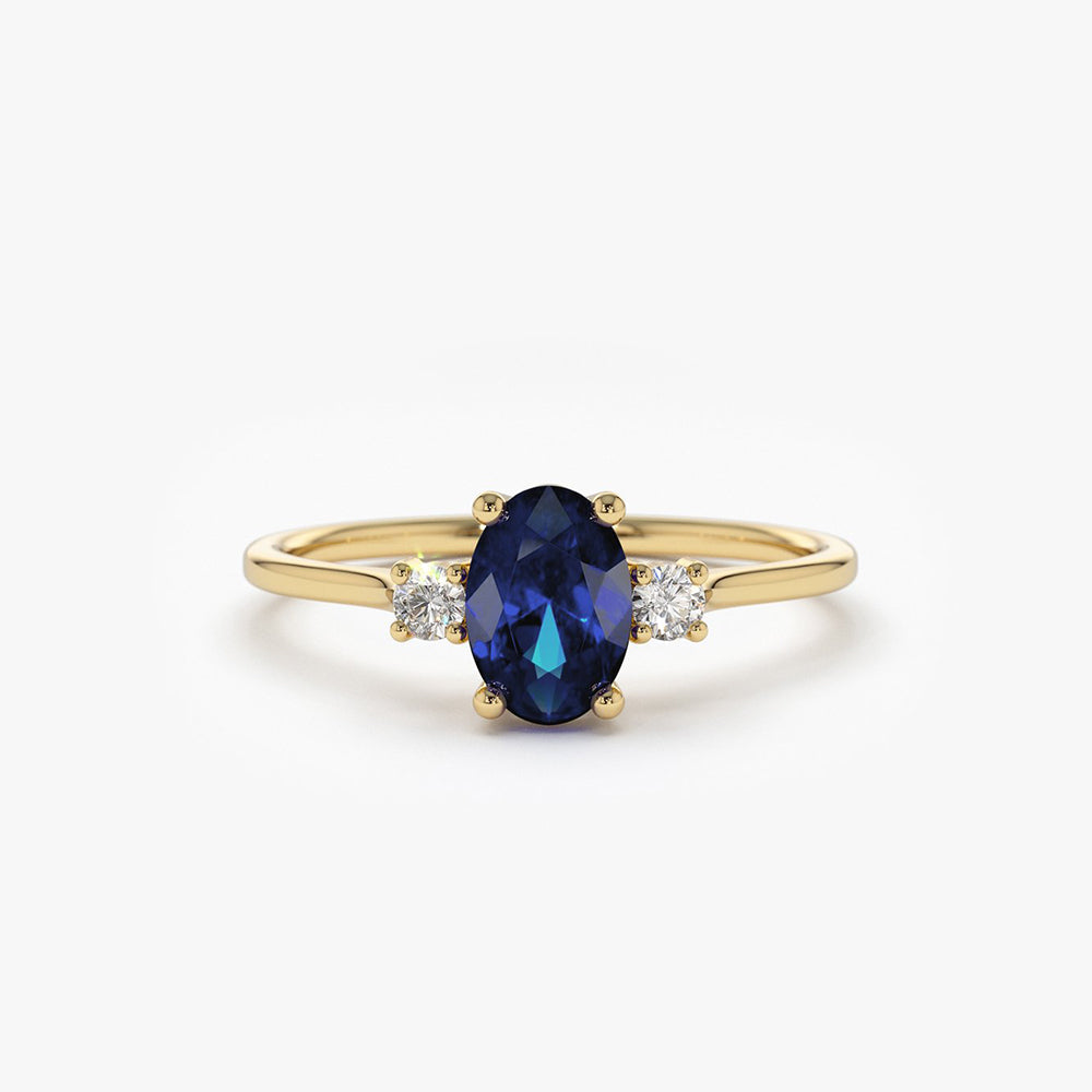14k Oval Shape Sapphire and Diamond 3 Stone Ring - GeumJewels