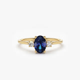 14k Oval Shape Sapphire and Diamond 3 Stone Ring - GeumJewels