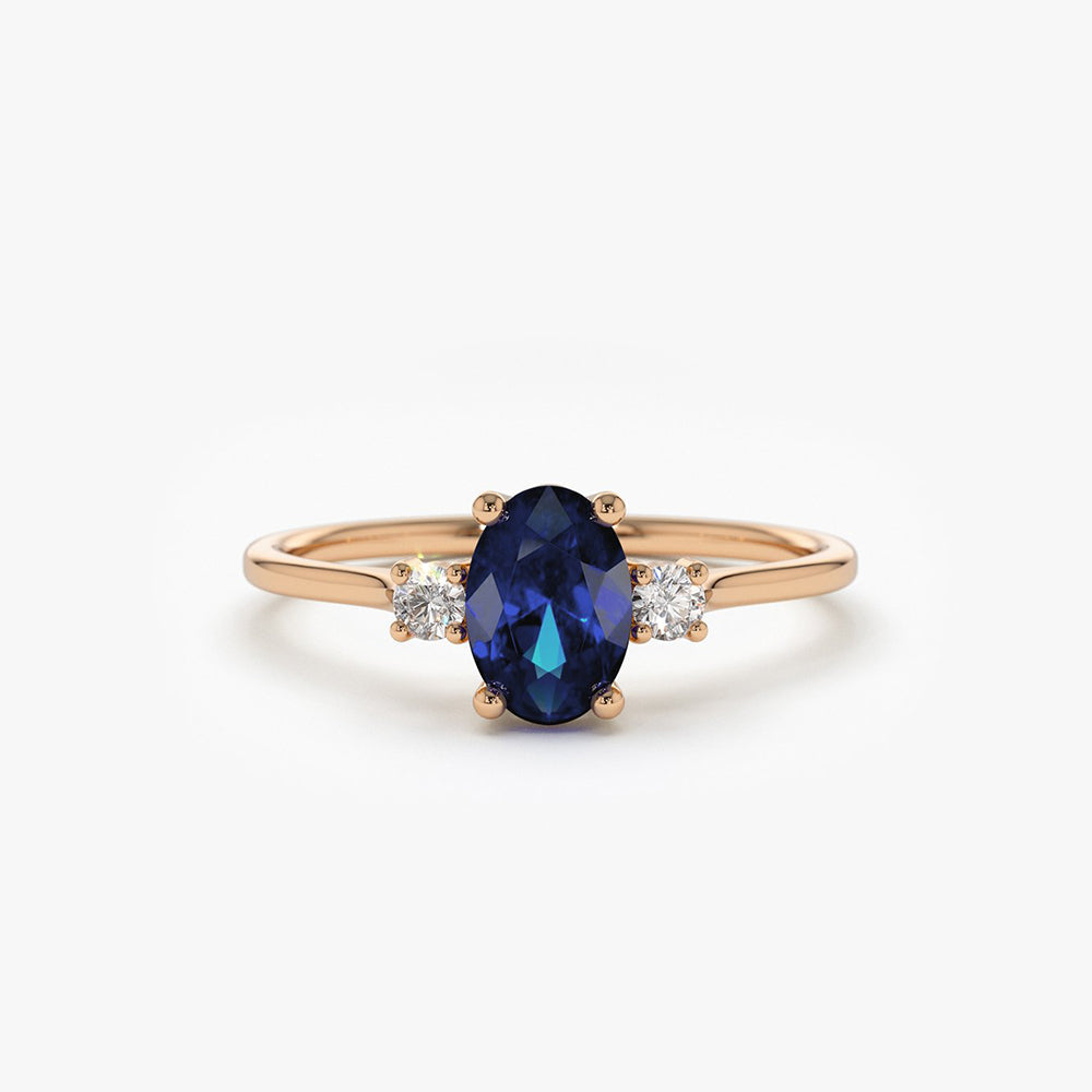 14k Oval Shape Sapphire and Diamond 3 Stone Ring - GeumJewels