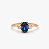 14k Oval Shape Sapphire and Diamond 3 Stone Ring - GeumJewels