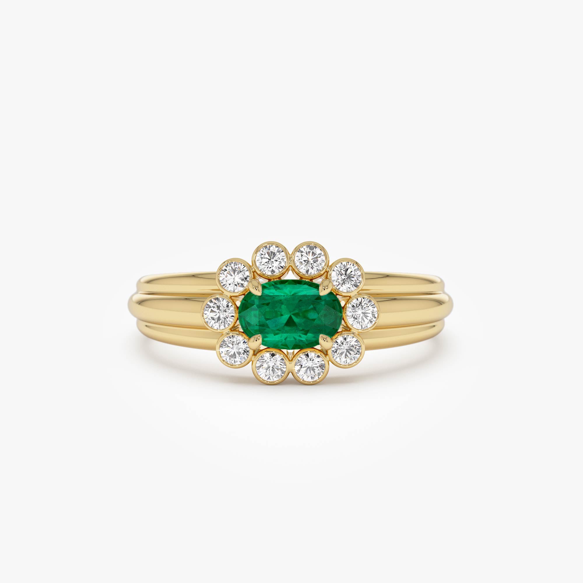 14k Oval Shaped Emerald with Bezel Hale Setting Ring - GeumJewels