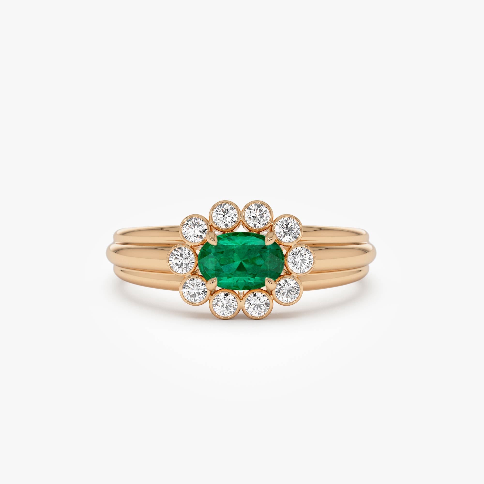 14k Oval Shaped Emerald with Bezel Hale Setting Ring - GeumJewels
