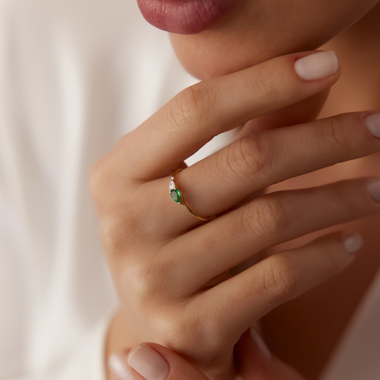 14k Pear Shape Emerald and Diamond Ring - GeumJewels