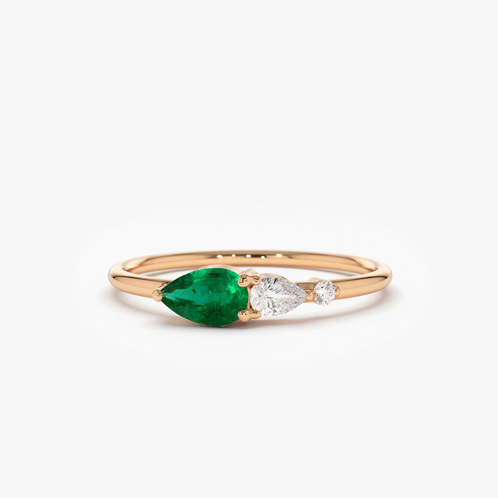14k Pear Shape Emerald and Diamond Ring - GeumJewels