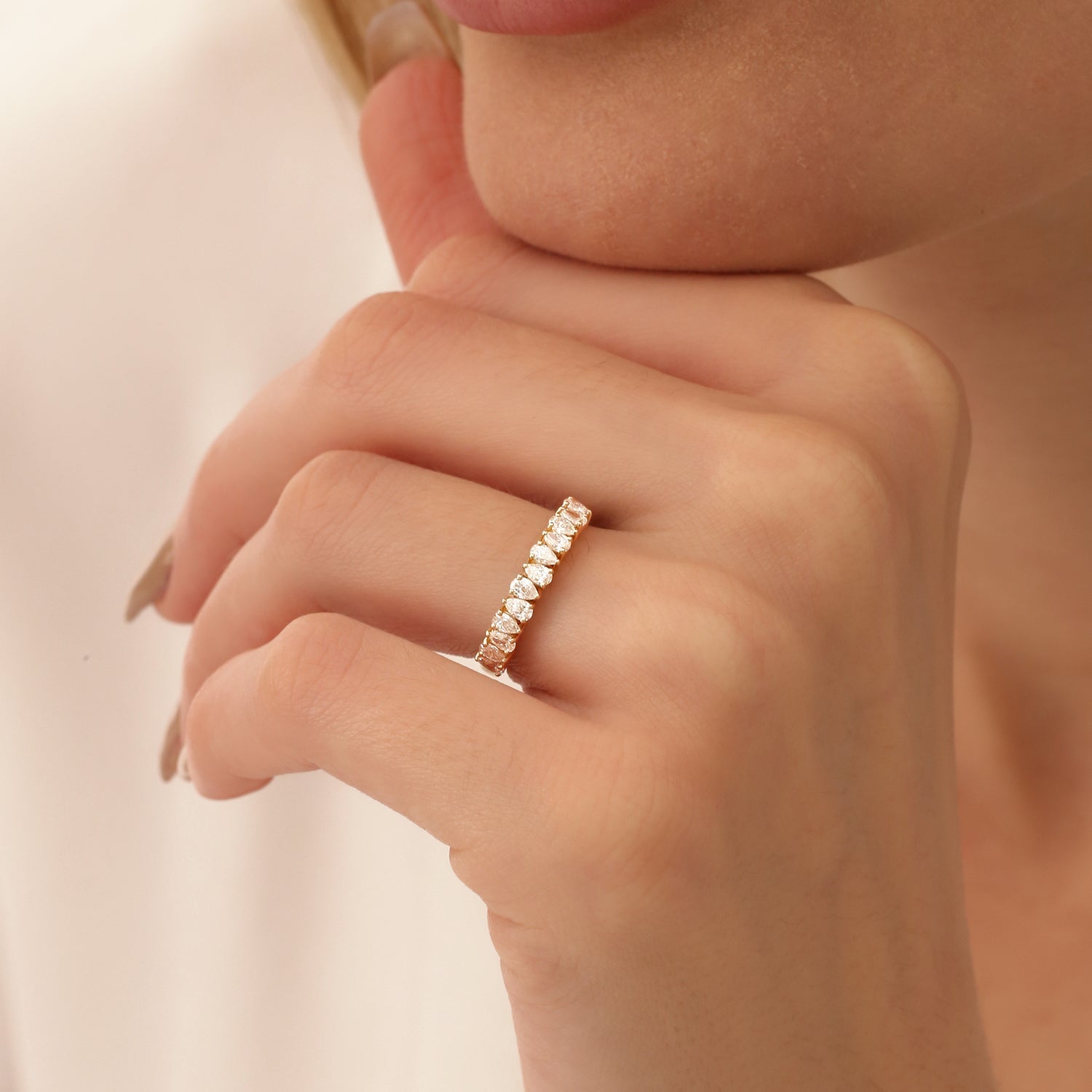 14k Pear Shape Half Eternity Diamond Band - GeumJewels