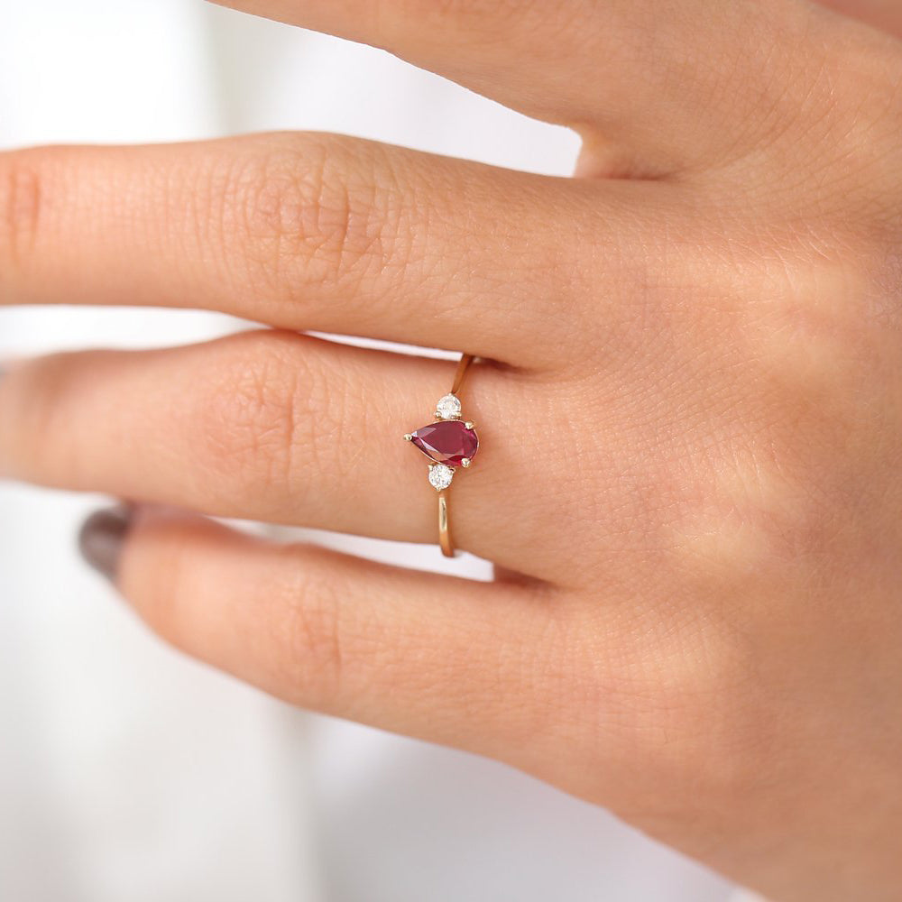14K Pear Shape Ruby Ring with Diamonds - GeumJewels