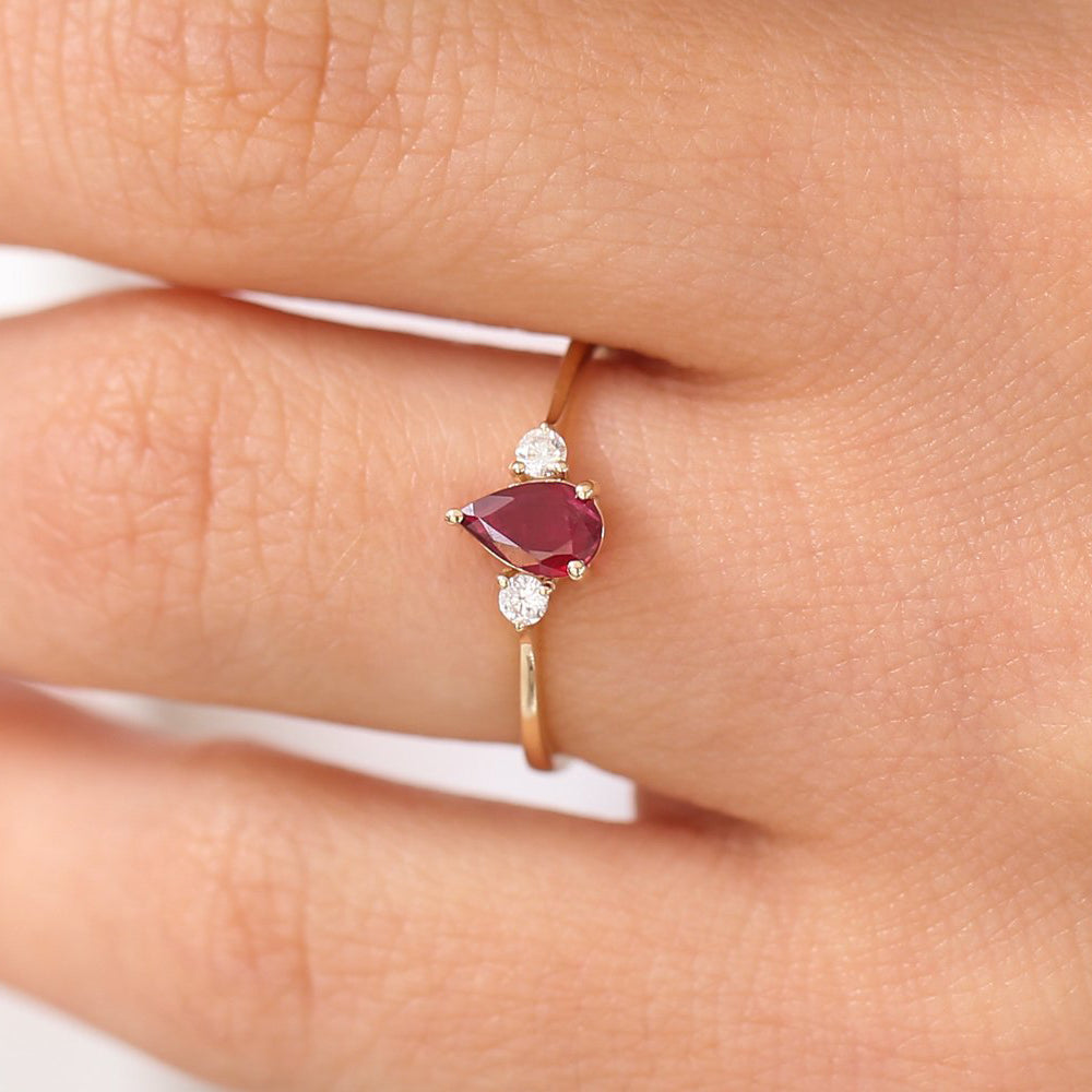 14K Pear Shape Ruby Ring with Diamonds - GeumJewels