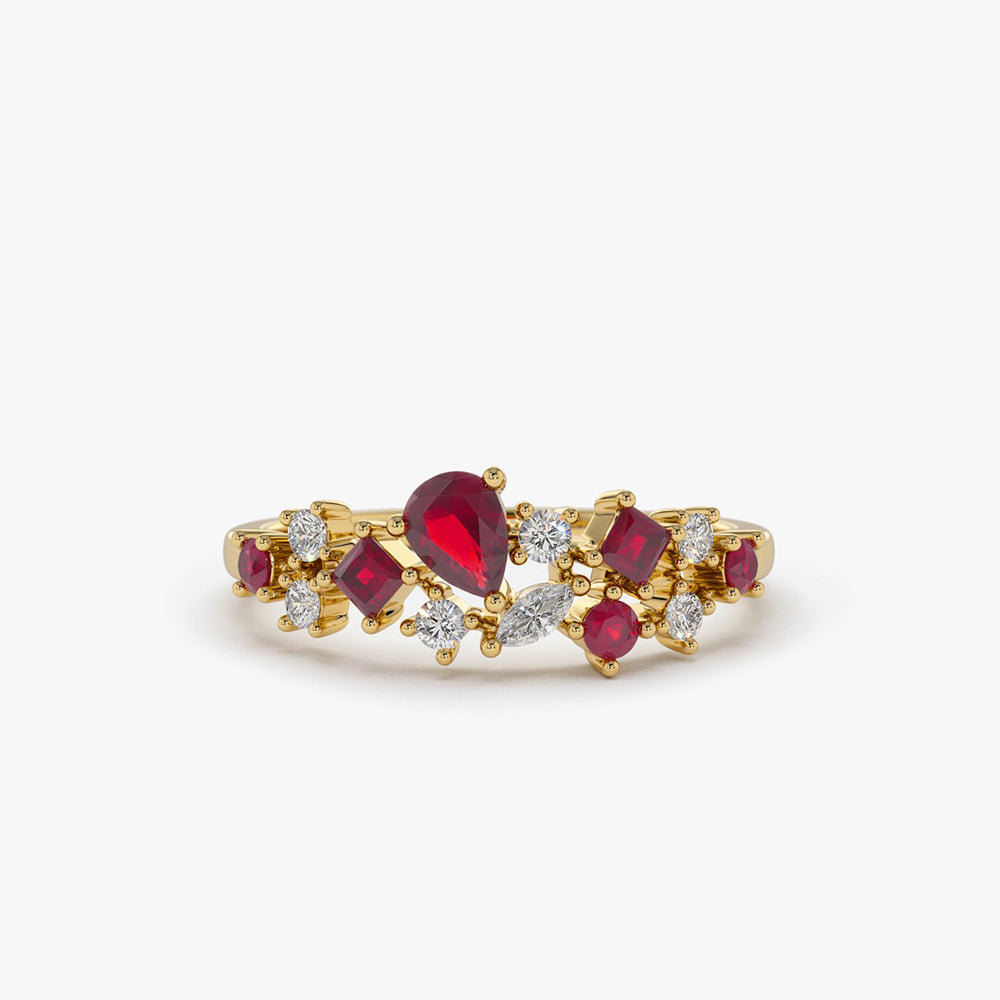 14k Ruby and Diamond Mixed Shape Cluster Ring - GeumJewels