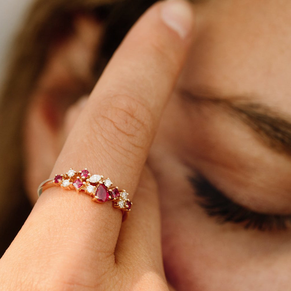 14k Ruby and Diamond Mixed Shape Cluster Ring - GeumJewels
