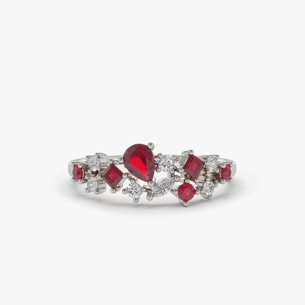 14k Ruby and Diamond Mixed Shape Cluster Ring - GeumJewels