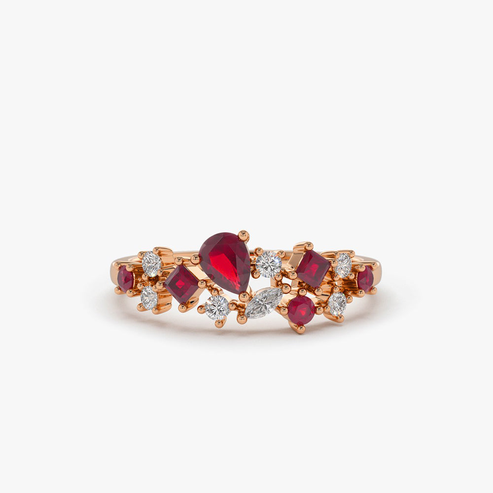 14k Ruby and Diamond Mixed Shape Cluster Ring - GeumJewels