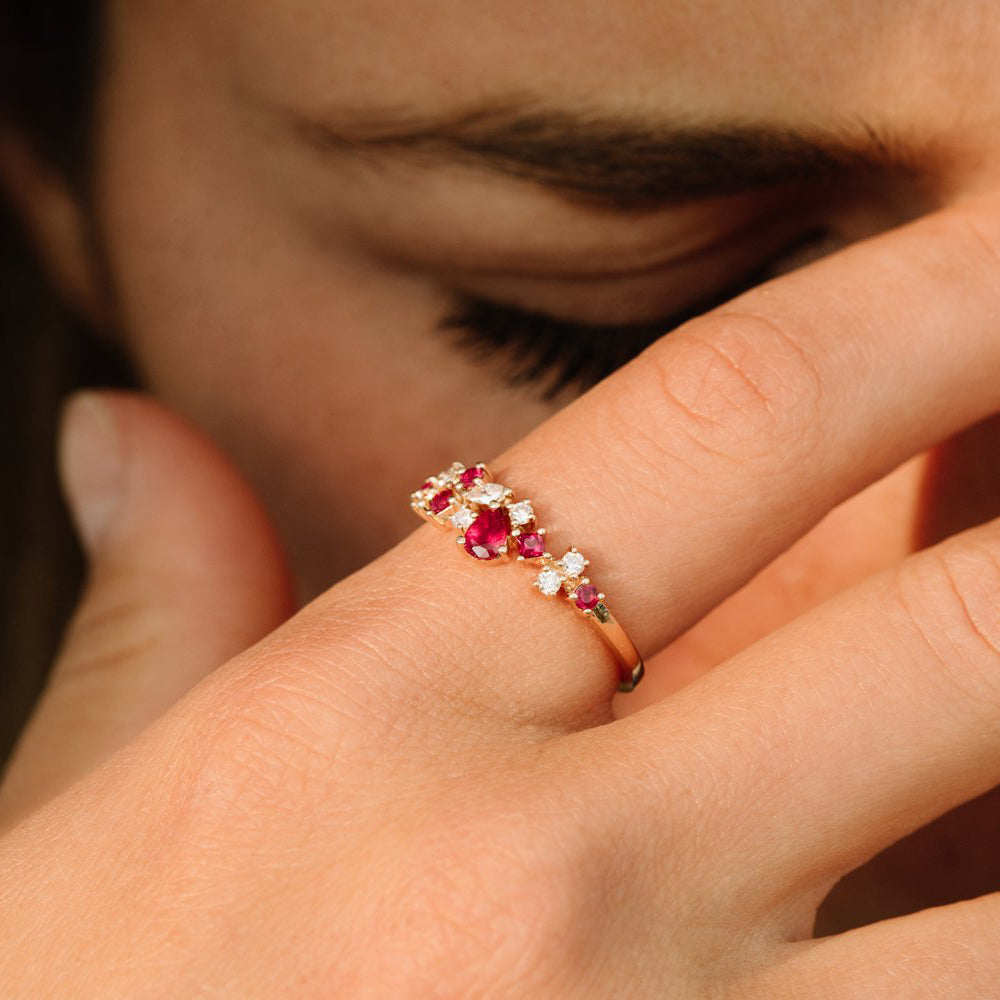 14k Ruby and Diamond Mixed Shape Cluster Ring - GeumJewels