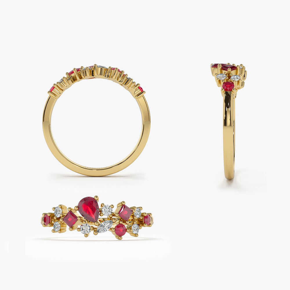 14k Ruby and Diamond Mixed Shape Cluster Ring - GeumJewels