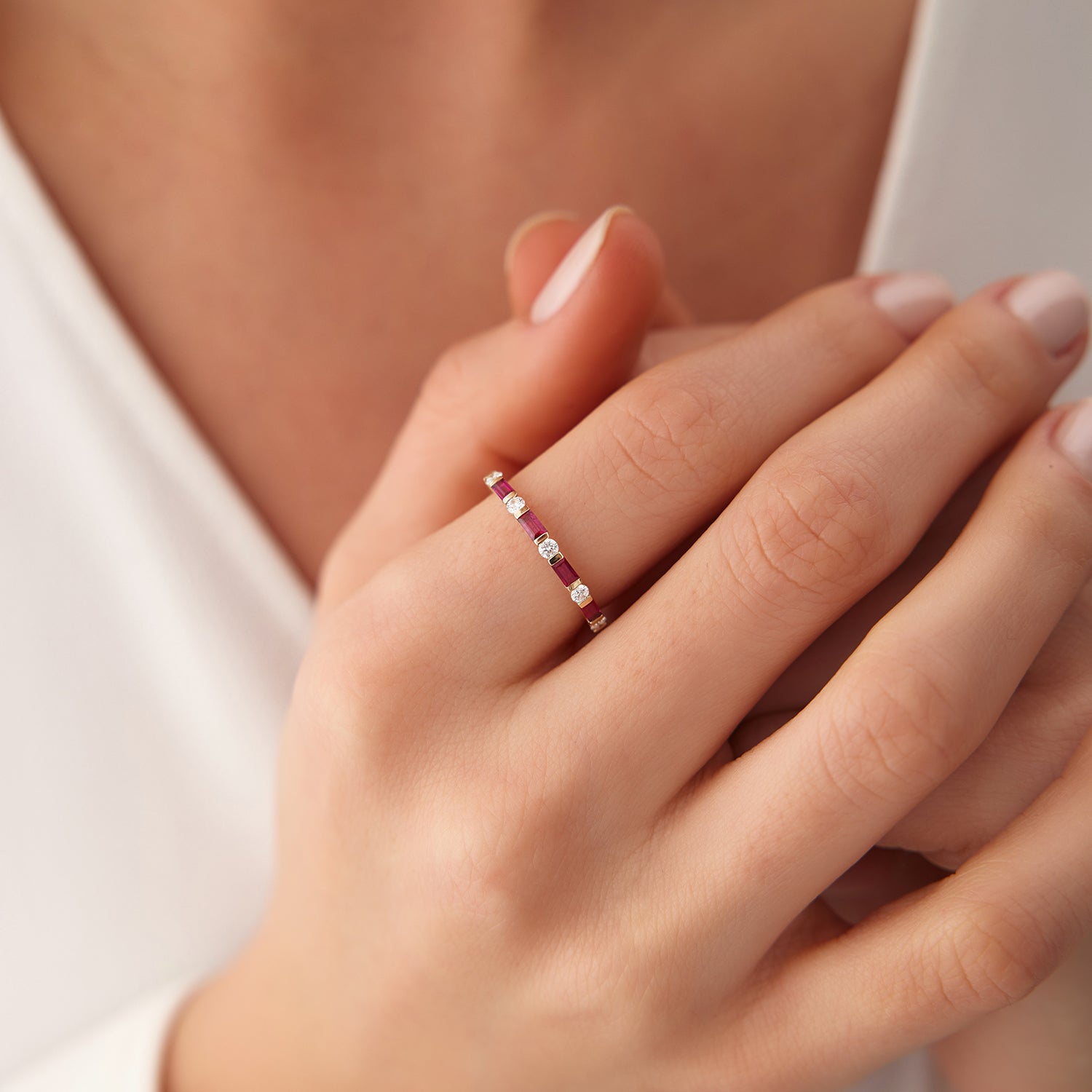14k Ruby Baguette and Diamond Stackable Wedding Ring - GeumJewels