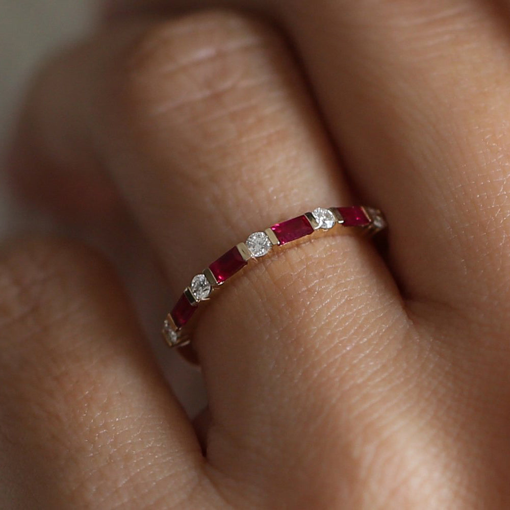 14k Ruby Baguette and Diamond Stackable Wedding Ring - GeumJewels