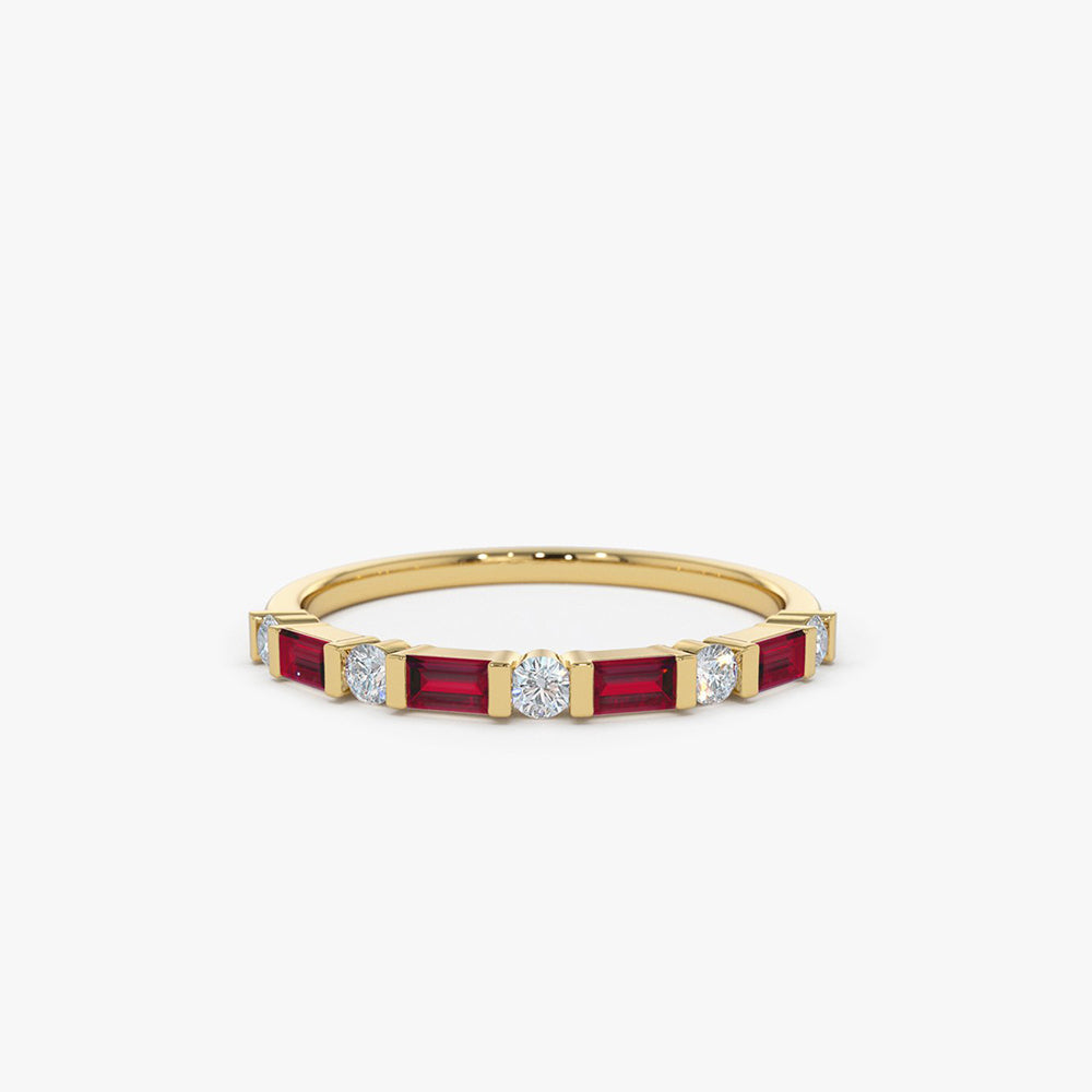14k Ruby Baguette and Diamond Stackable Wedding Ring - GeumJewels