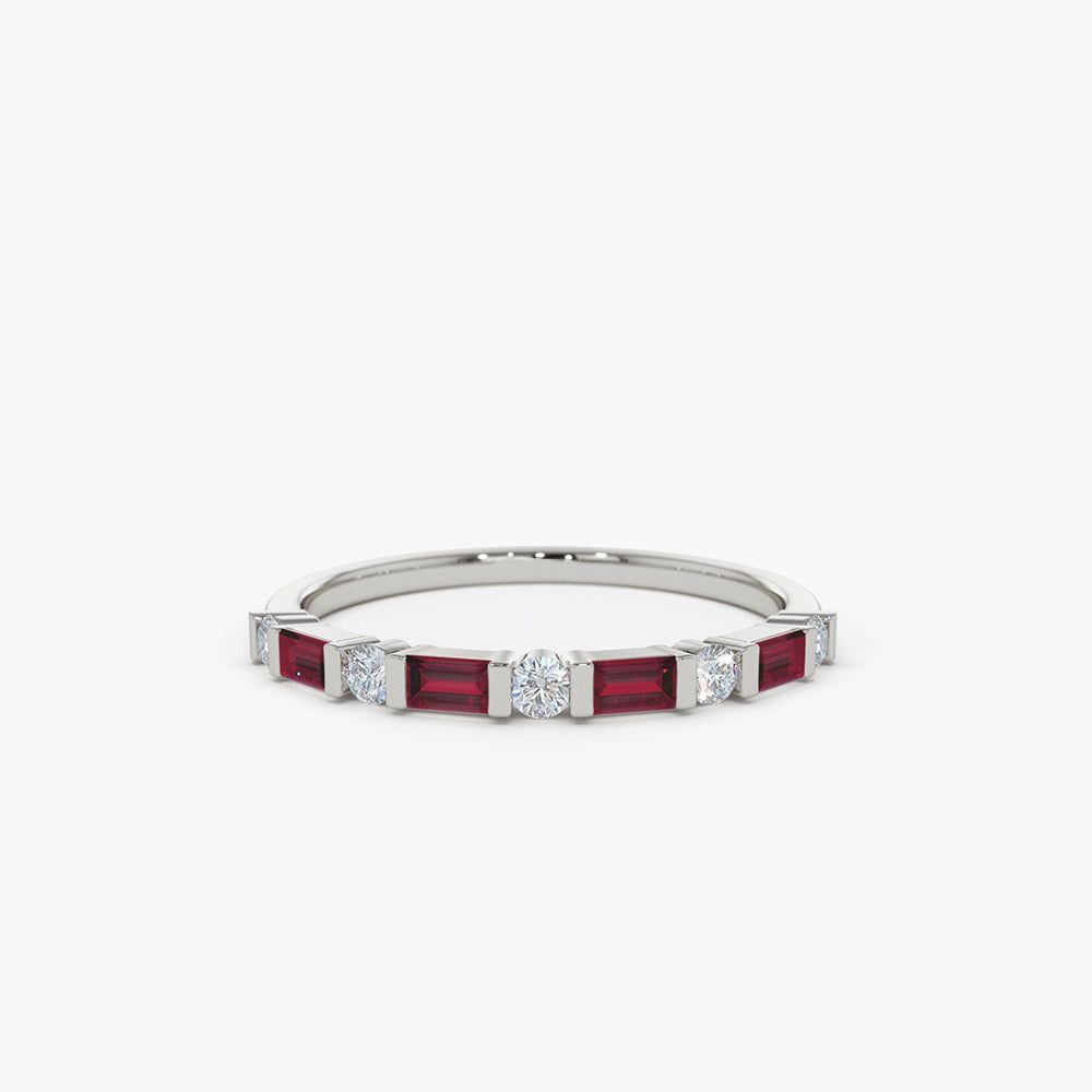 14k Ruby Baguette and Diamond Stackable Wedding Ring - GeumJewels