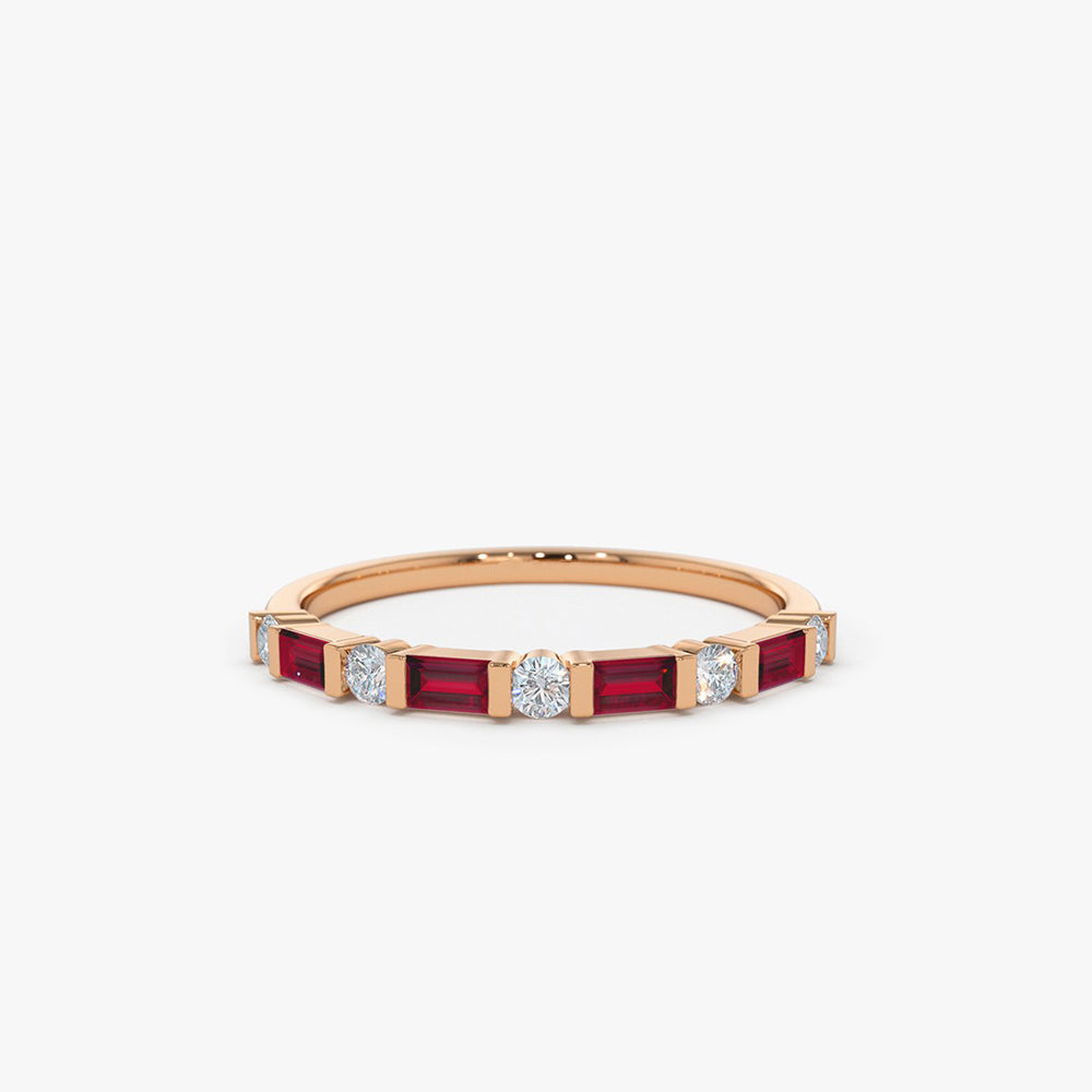 14k Ruby Baguette and Diamond Stackable Wedding Ring - GeumJewels
