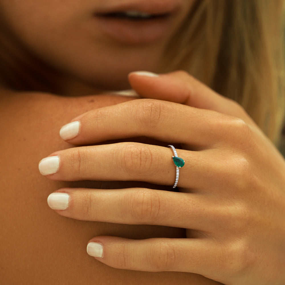 14k Slanted Pear Shape Emerald Ring with Pave Diamonds - GeumJewels