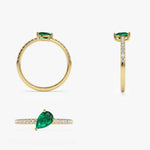 14k Slanted Pear Shape Emerald Ring with Pave Diamonds - GeumJewels