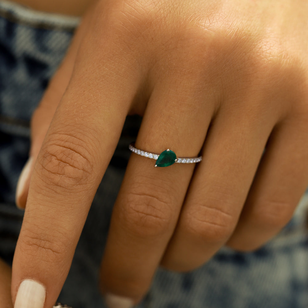14k Slanted Pear Shape Emerald Ring with Pave Diamonds - GeumJewels