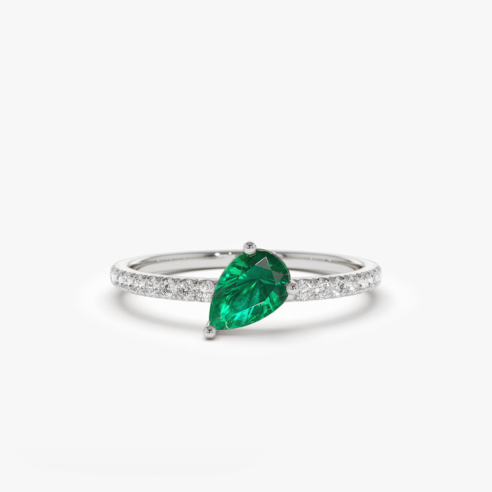 14k Slanted Pear Shape Emerald Ring with Pave Diamonds - GeumJewels